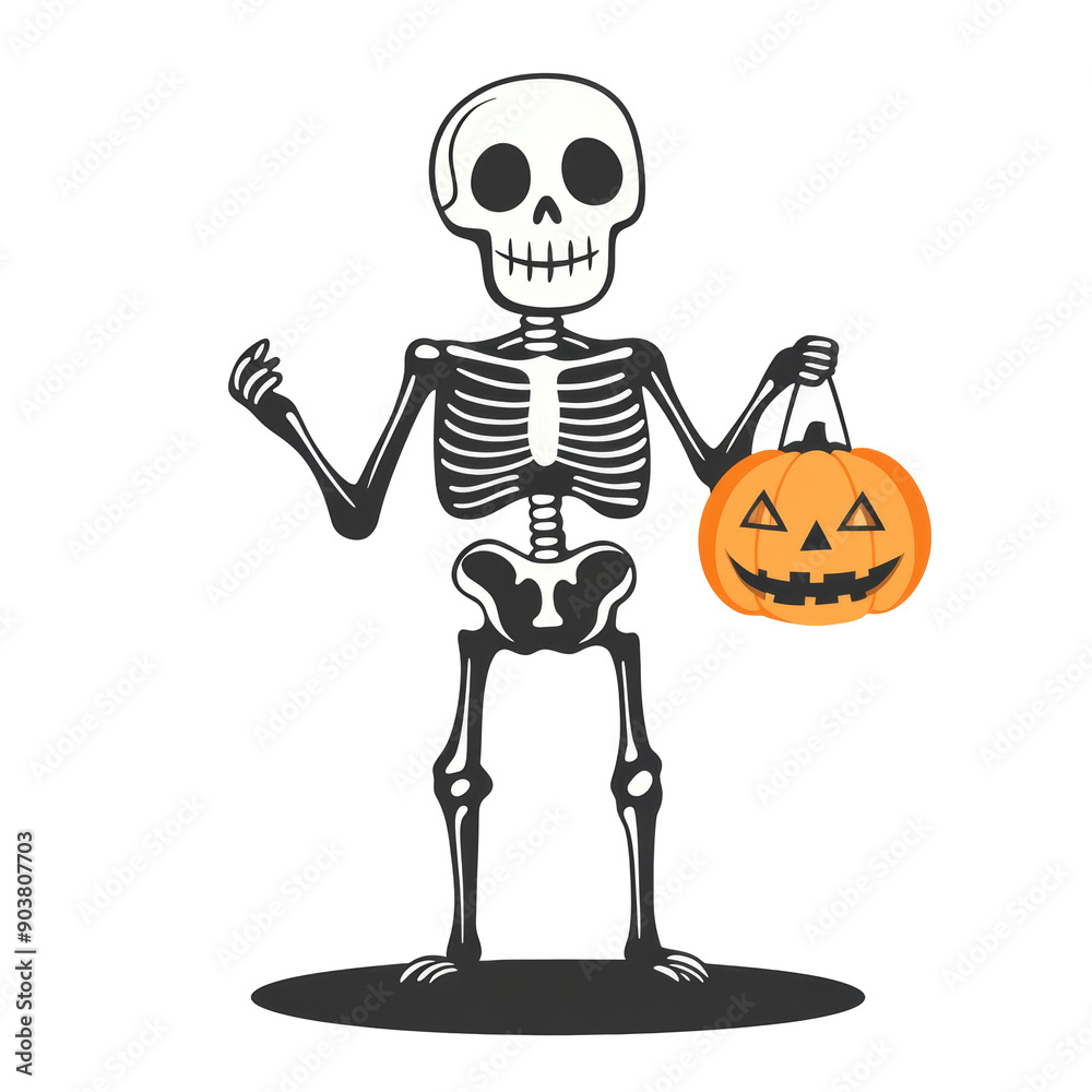 Cartoon skeleton holding a jack-o'-lantern. Cartoon skeleton holding a jack-o'-lantern.