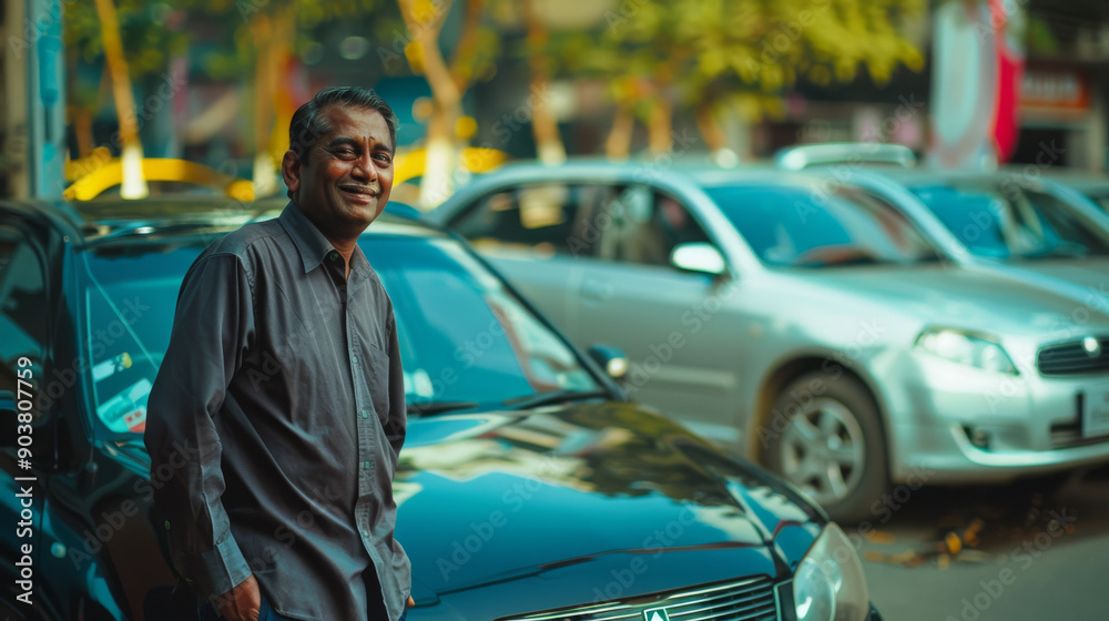 Fototapeta premium A cheerful man leaning against a car in a bustling street captures the vibrancy of urban life with a smile that radiates positivity and contentment.