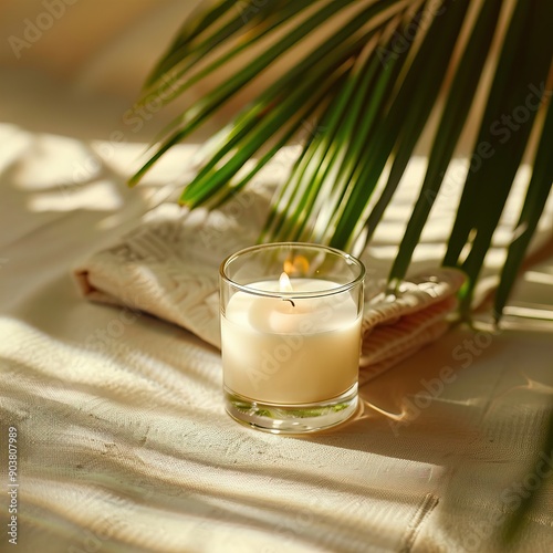 Soy wax scented candle mockup, clear glass container candle front view mockup, tropical style and palm leaves