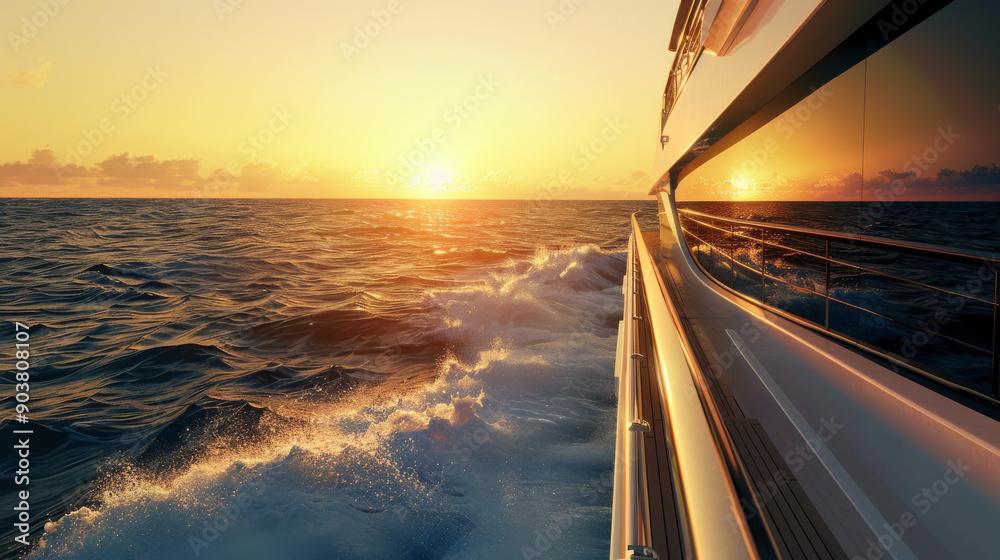 Obraz premium The side of a boat glides through the ocean at sunset, with waves gently crashing against the hull, and a golden sun setting in the horizon.