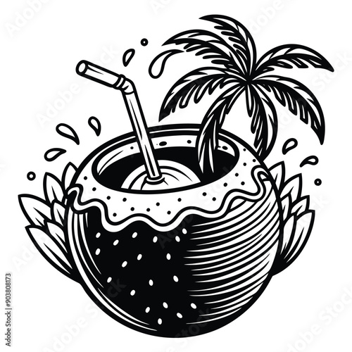 A vivid and lively illustration of a coconut on a beach, designed to be printed on a T-shirt.