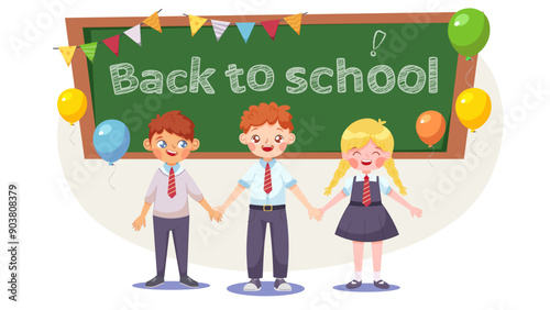 Children in school uniforms in front of board with the chalk inscription Back to School. Festive poster, postcard for the first school day. Vector illustration
