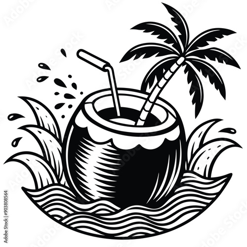 A vivid and lively illustration of a coconut on a beach, designed to be printed on a T-shirt.
