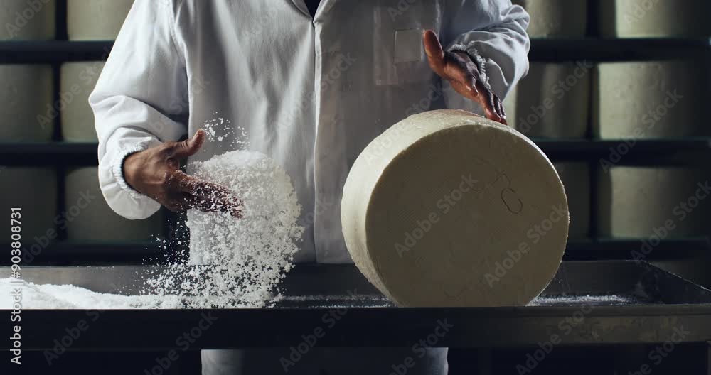 Super slow motion close up of artisan cheesemaker adding salt to fresh made of bio eco milk traditional gorgonzola cheese during making process at cheese production creamery dairy factory at 1000 fps.
