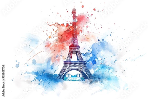 Eiffel Tower with abstract splashes in watercolor style. Colorful hand drawn vector illustration