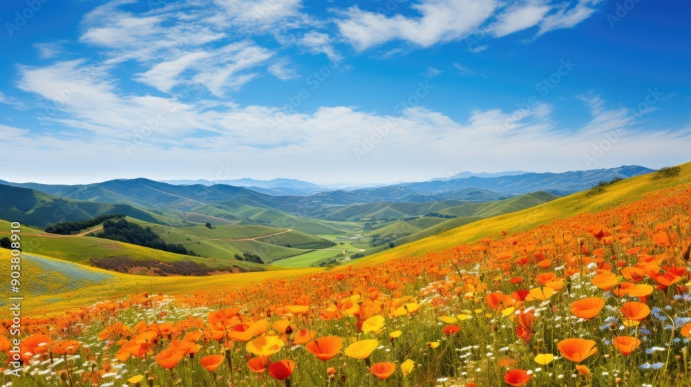 Rolling hills covered in vibrant wildflowers under a clear blue sky Rolling hills covered in vibrant wildflowers under a clear blue sky