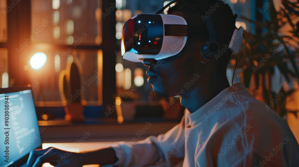 A person uses a VR headset and a computer in a trendy, dimly-lit room, signifying advanced tech immersion and digital interaction. A person uses a VR headset and a computer in a trendy, dimly-lit room, signifying advanced tech immersion and digital interaction.