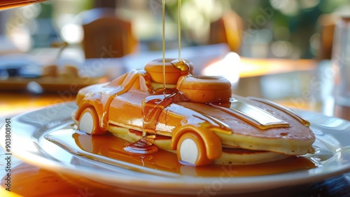 Race carshaped pancakes with syrup, Race Car Pancakes, breakfast party dessert