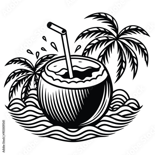 A vivid and lively illustration of a coconut on a beach, designed to be printed on a T-shirt.