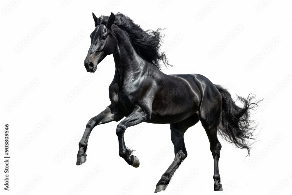 Black horse in rearing pose, standing up on hind legs isolated on white background Black horse in rearing pose, standing up on hind legs isolated on white background