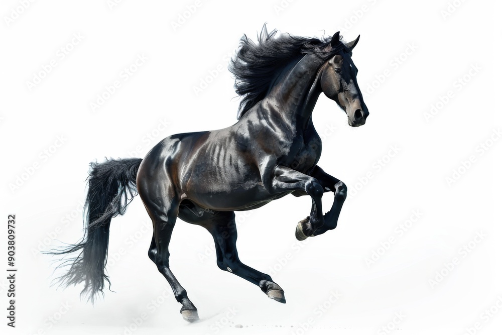 Black horse in rearing pose, standing up on hind legs isolated on white background Black horse in rearing pose, standing up on hind legs isolated on white background