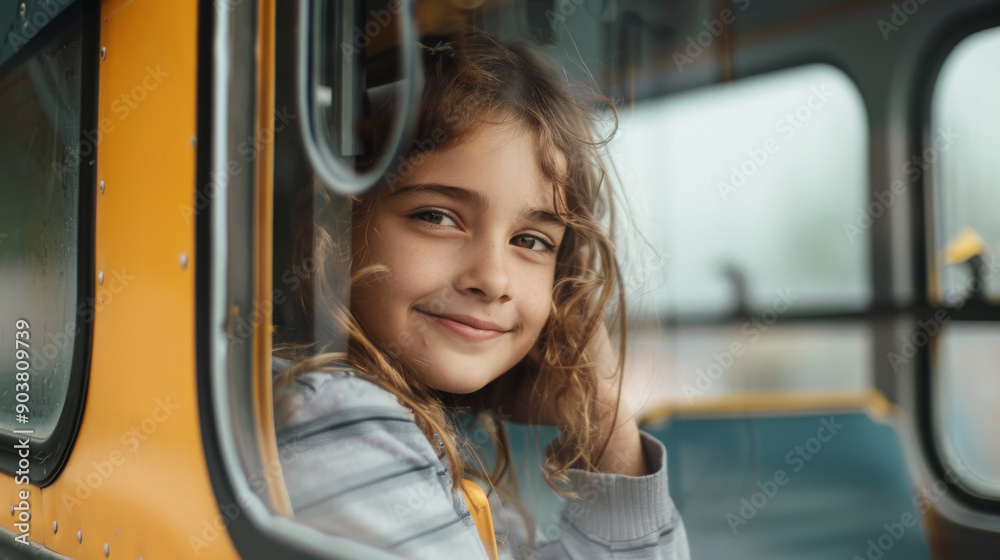 Smiling young girl looking out the window of a school bus, capturing a sense of innocence, curiosity, and excitement for new adventures. Smiling young girl looking out the window of a school bus, capturing a sense of innocence, curiosity, and excitement for new adventures.