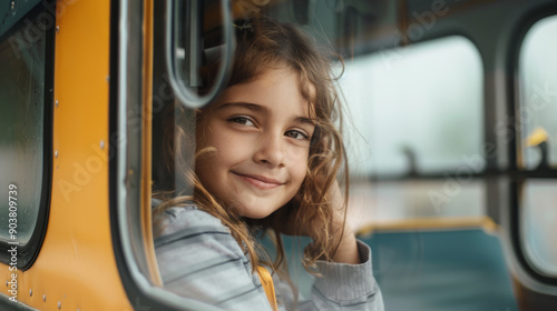 Smiling young girl looking out the window of a school bus, capturing a sense of innocence, curiosity, and excitement for new adventures. © VK Studio
