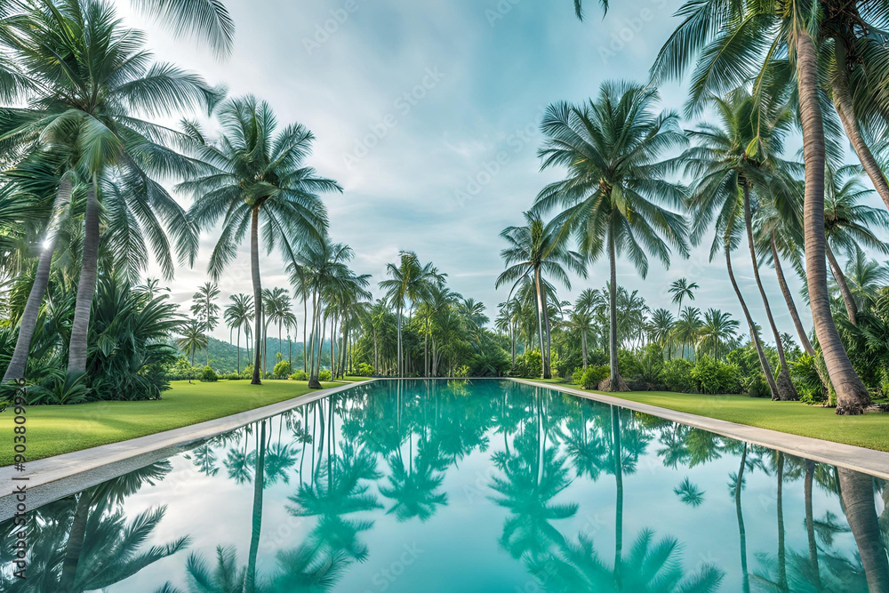Fototapeta premium Reflection of coconut trees and sugar palm tree in turquoise color swimming pool