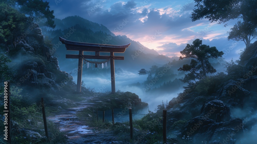 Serene mountain landscape with a Japanese torii gate at dawn, surrounded by mist and lush greenery under a tranquil sky. Serene mountain landscape with a Japanese torii gate at dawn, surrounded by mist and lush greenery under a tranquil sky.