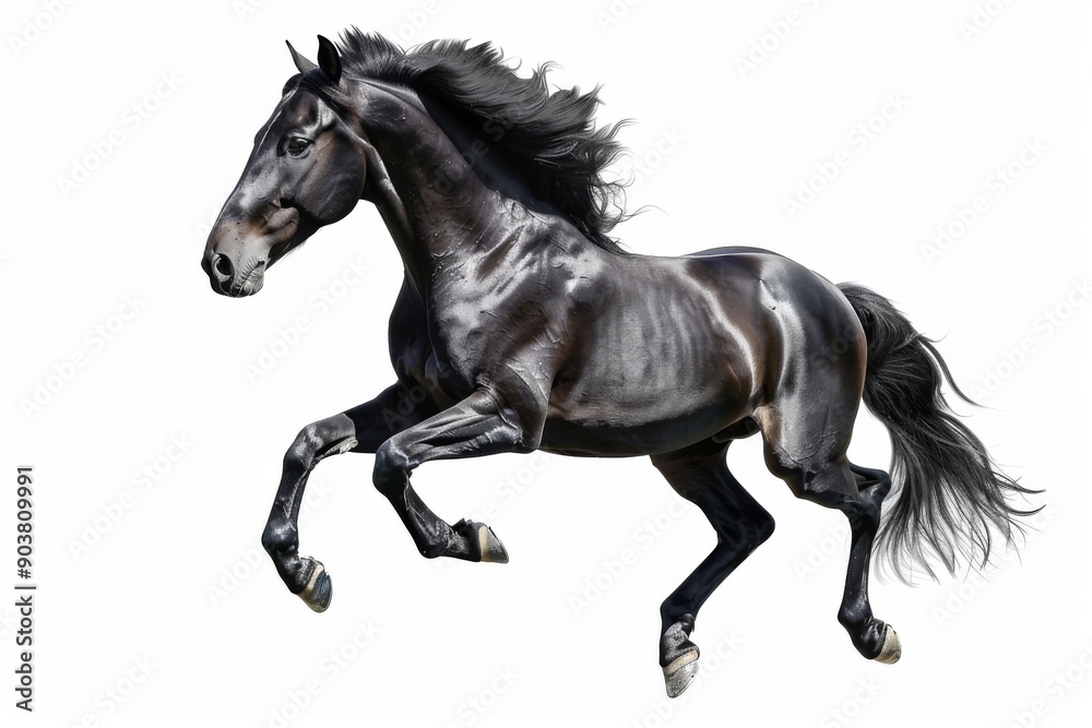 Fototapeta premium Black horse in rearing pose, standing up on hind legs isolated on white background