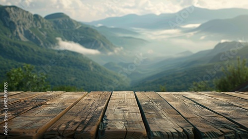 Wooden platform overlooking mountains. Perfect for showcasing products with a nature theme. © SY