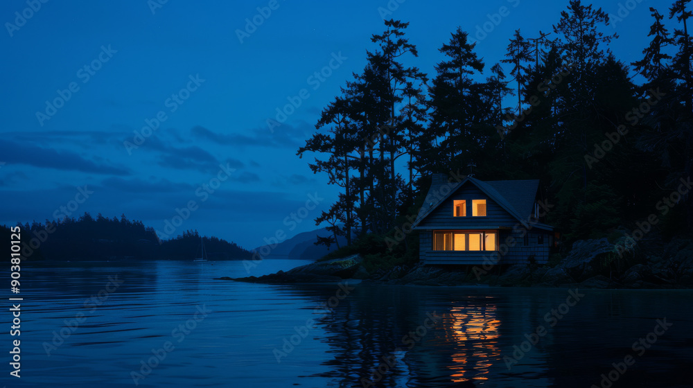 Fototapeta premium A rustic cabin by a tranquil lake illuminated at dusk, its warm light reflecting on calm water, framed by a peaceful forest backdrop.