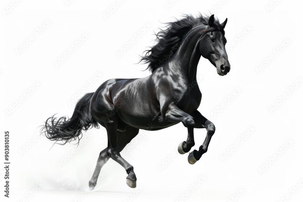 Black horse in rearing pose, standing up on hind legs isolated on white background Black horse in rearing pose, standing up on hind legs isolated on white background