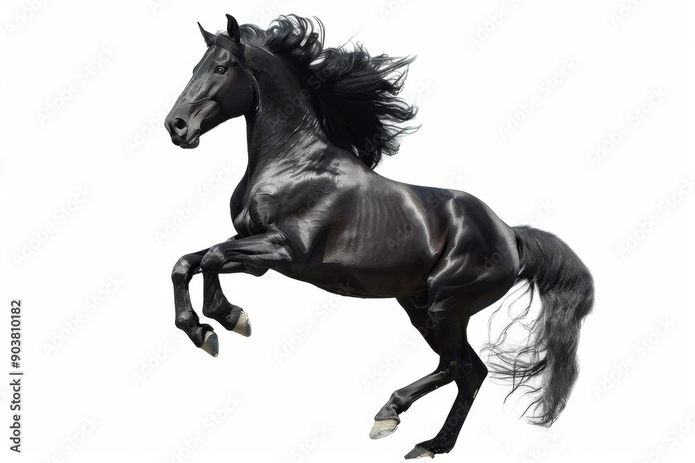 Black horse in rearing pose, standing up on hind legs isolated on white background Black horse in rearing pose, standing up on hind legs isolated on white background