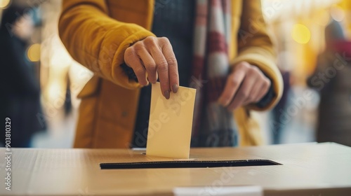 Close-up of a hand placing a ballot into a voting box at a polling station