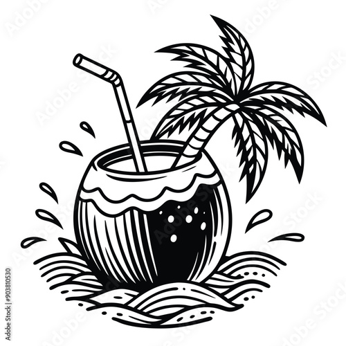 A vivid and lively illustration of a coconut on a beach, designed to be printed on a T-shirt.