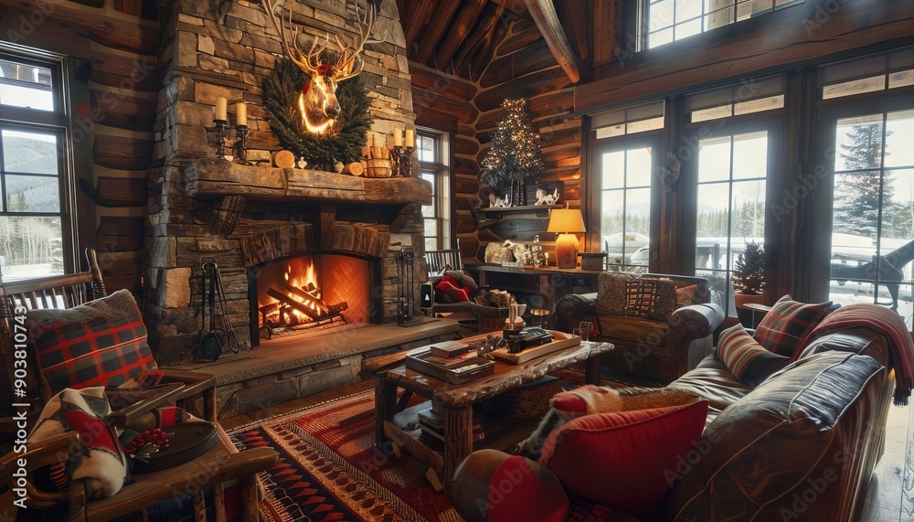 Warm and inviting rustic cabin interior with a stone fireplace, wooden ...