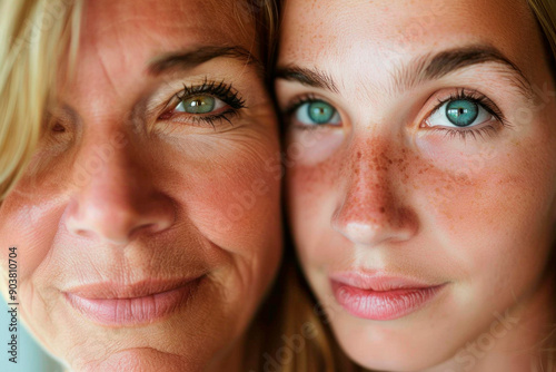 Portrait of mother and daughter with green eyes