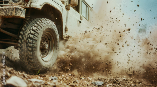 A rugged off-road vehicle kicks up dirt and rocks as it drives through a rough, untamed terrain, embodying adventure and power. photo