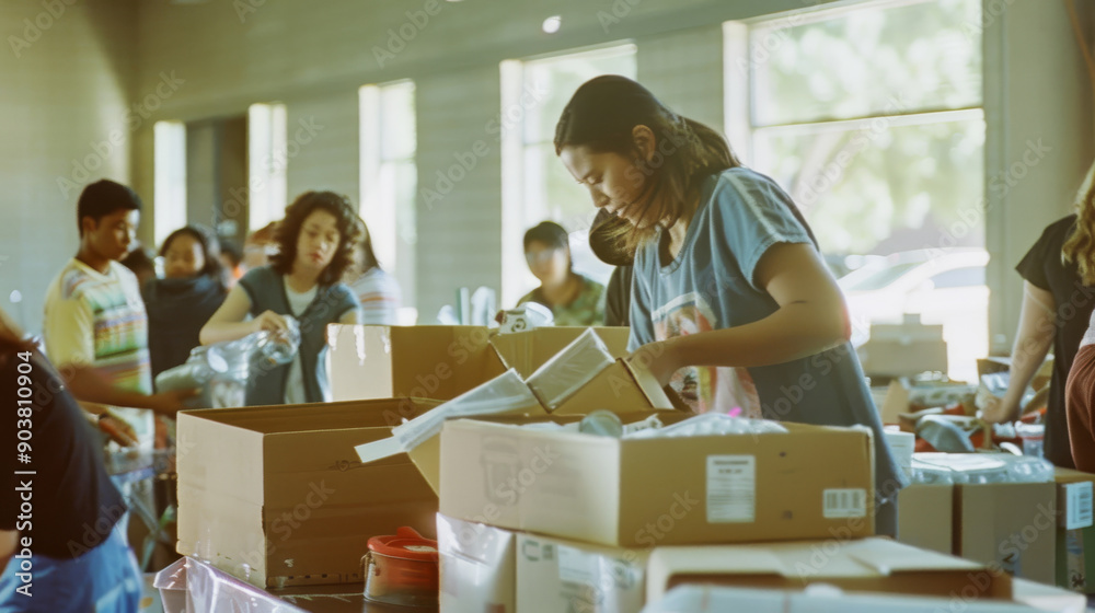 Volunteers energetically sort through donated items in a brightly lit community center, embracing the spirit of giving. Volunteers energetically sort through donated items in a brightly lit community center, embracing the spirit of giving.