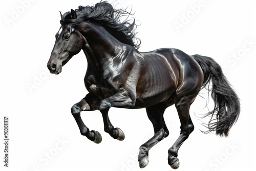 Black horse in rearing pose, standing up on hind legs isolated on white background