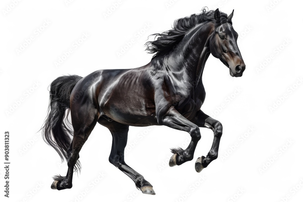Black horse in rearing pose, standing up on hind legs isolated on white background Black horse in rearing pose, standing up on hind legs isolated on white background