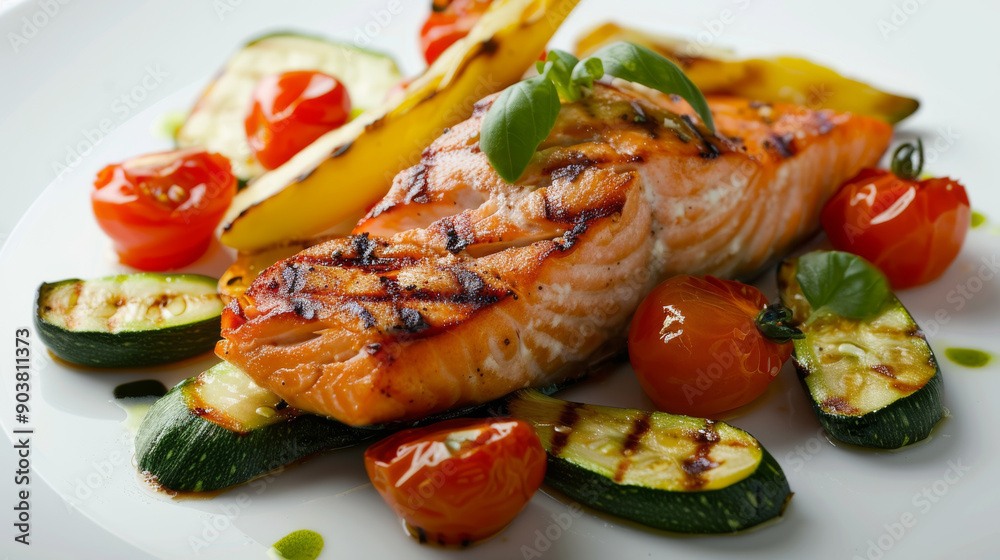 A gourmet plate of grilled salmon with zucchini and cherry tomatoes, elegantly presented and drizzled with a hint of herb oil. A gourmet plate of grilled salmon with zucchini and cherry tomatoes, elegantly presented and drizzled with a hint of herb oil.