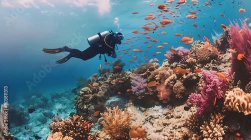 A scuba diver swims near a vibrant coral reef teeming with colorful fish and marine life, showcasing the beauty of underwater exploration.