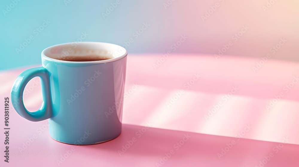 Cyan coffee cup on pink table, pastel background, wide-angle, natural light, clean web design style. Cyan coffee cup on pink table, pastel background, wide-angle, natural light, clean web design style.