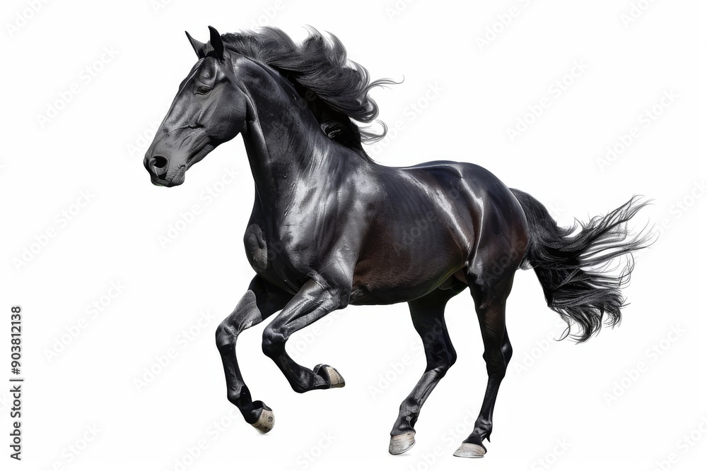 Obraz premium Black horse in rearing pose, standing up on hind legs isolated on white background