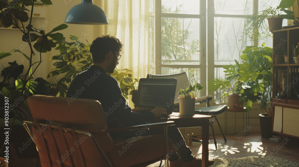 A workspace filled with greenery, where a person works at a laptop, bathed in natural light from large windows, creating a tranquil and productive atmosphere. A workspace filled with greenery, where a person works at a laptop, bathed in natural light from large windows, creating a tranquil and productive atmosphere.
