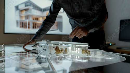 A designer carefully works on an architectural model displayed on a light table, with a detailed building image projected in the background. © VK Studio