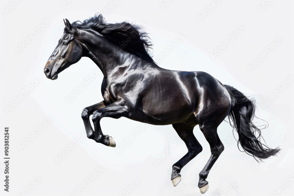 Black horse in rearing pose, standing up on hind legs isolated on white background Black horse in rearing pose, standing up on hind legs isolated on white background