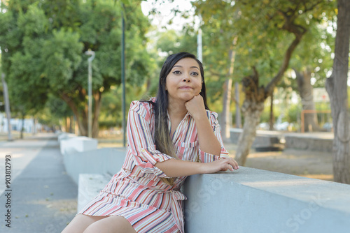 Woman seated in a public park with an attitude of preoccupation, pensive. Free Download Woman seated in a public park with an attitude of preoccupation, pensive. - GFXLoad