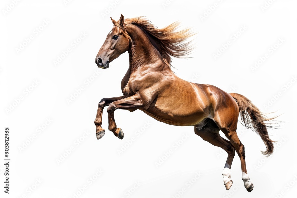 Brown horse in rearing pose, standing up on hind legs isolated on white background Brown horse in rearing pose, standing up on hind legs isolated on white background