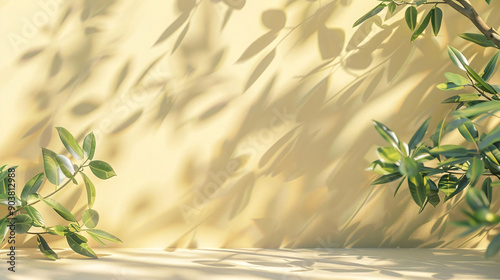 Sunlit Green Leaves with Shadows on Yellow Background