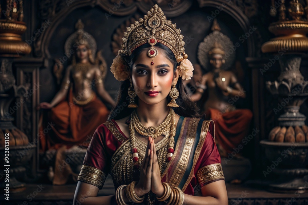 A beautiful Indian girl in a traditional Indian national costume, sari. Against the background of elephants. The portrait symbolizes the traditions, culture and beauty of the people of India. A beautiful Indian girl in a traditional Indian national costume, sari. Against the background of elephants. The portrait symbolizes the traditions, culture and beauty of the people of India.