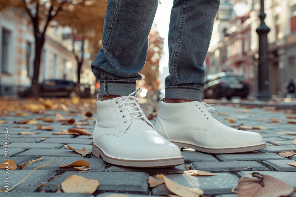 White Shoes. Stylish Autumn Fashion with Comfortable Casual Attire on City Street White Shoes. Stylish Autumn Fashion with Comfortable Casual Attire on City Street