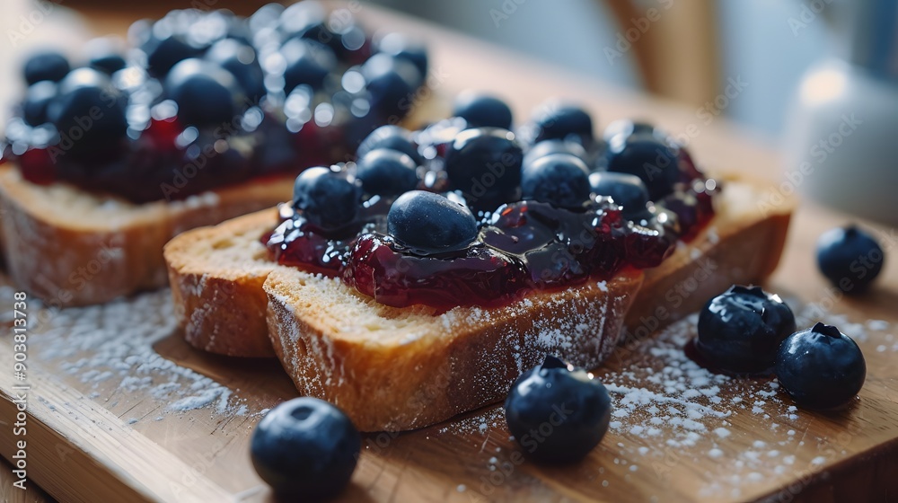 Bread with delicious blueberry jam topping, Cake with delicious blueberry jam topping