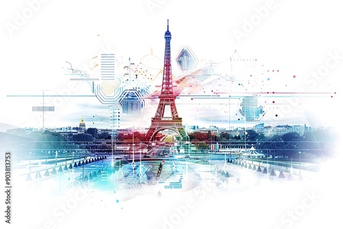 Abstract digital illustration of Paris skyline with Eiffel Tower, featuring vibrant colors and geometric shapes in a white background, showcasing the modernity of technology. 