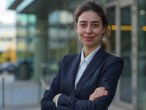 A professional woman in a business suit stands with her arms crossed, conveying confidence and authority