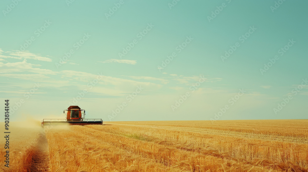 Fototapeta premium A lone combine harvester works through a vast golden wheat field under a clear, expansive blue sky, emblematic of rural serenity and agricultural productivity.