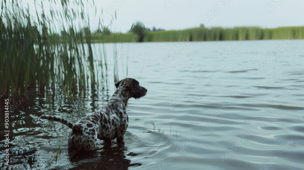 A spotted dog stands partially submerged in calm lake water, peering out at the serene landscape of reeds and open skies. A spotted dog stands partially submerged in calm lake water, peering out at the serene landscape of reeds and open skies.
