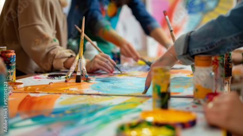 Hands busy with paintbrushes over a colorful, messy canvas in a creative workshop, capturing the vibrancy of the artistic process.